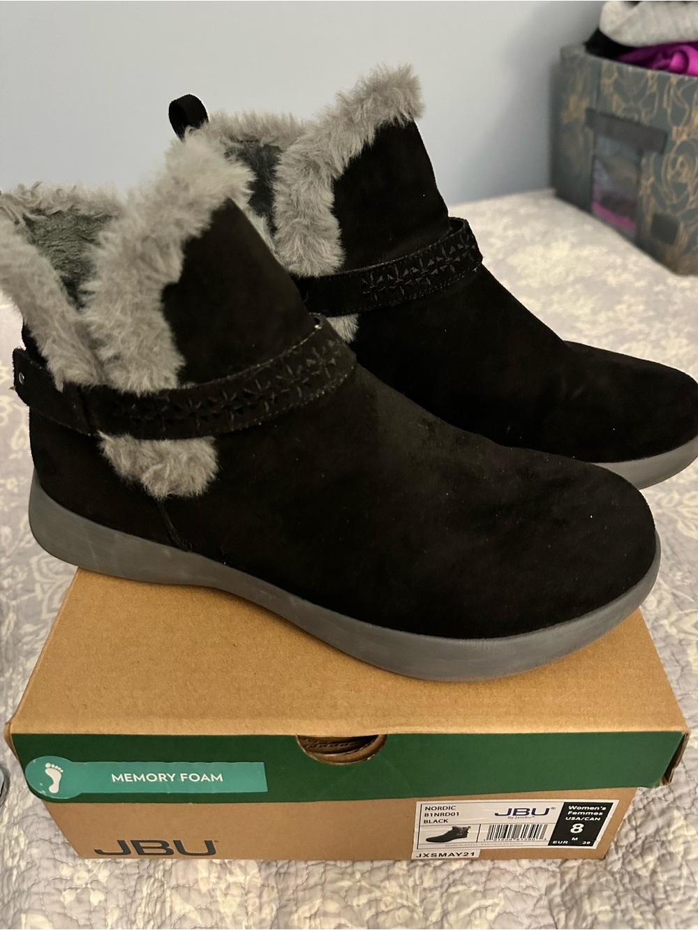 Jambu Black Faux-Suede Faux-Fur Trim women’s Ankle Booties